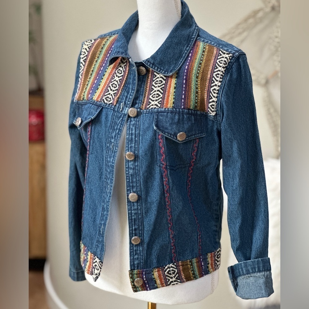Vintage boho Southwest trim denim Jean jacket